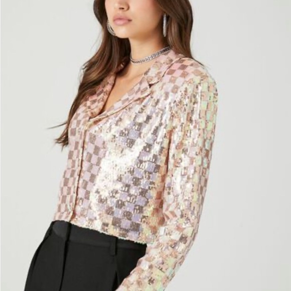Forever 21 Sequin Checkered Cropped Blazer XS - Picture 3 of 11